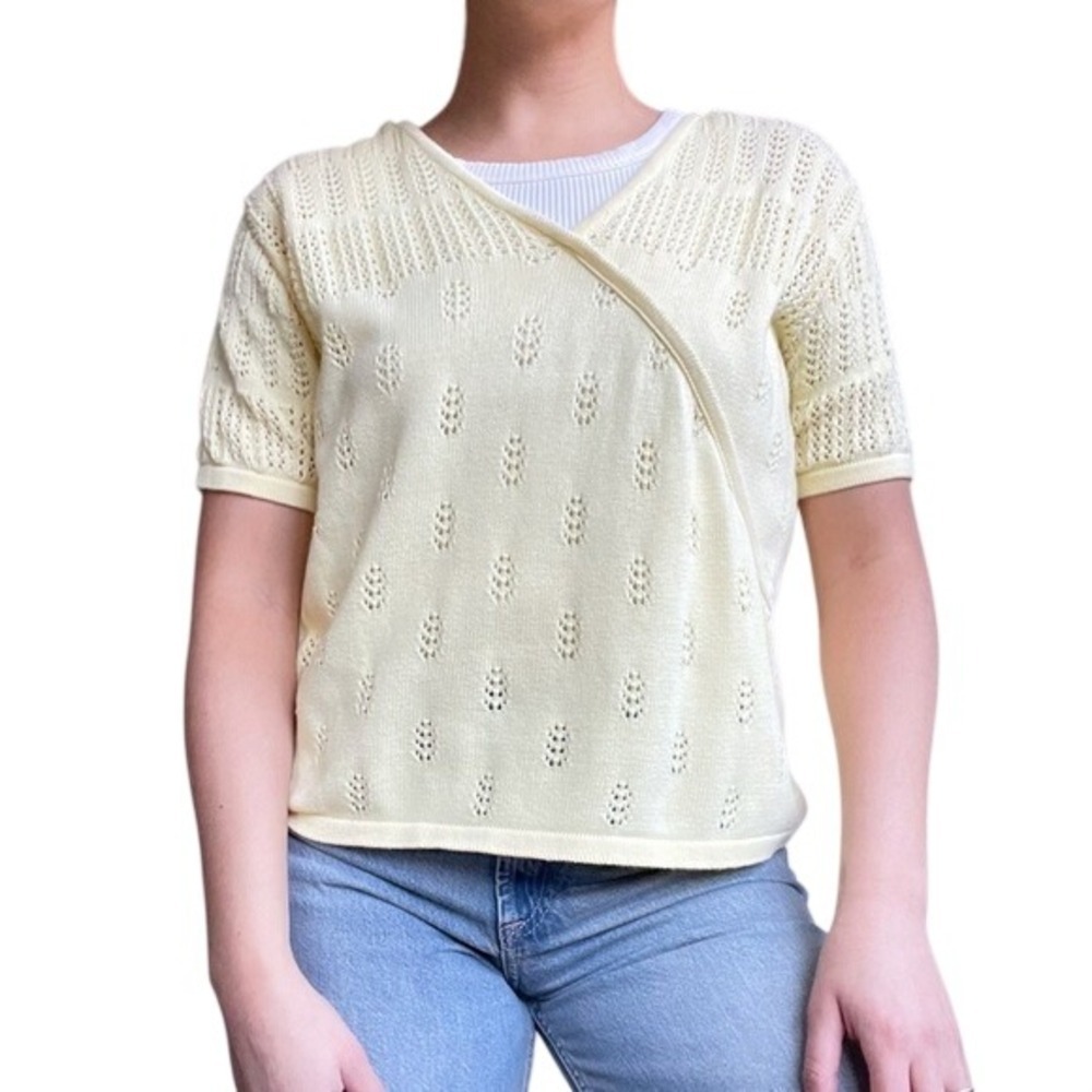 Vintage Handmade 90s Cottage Boho Butter Yellow Leaf Pattern Knit T-Shirt
